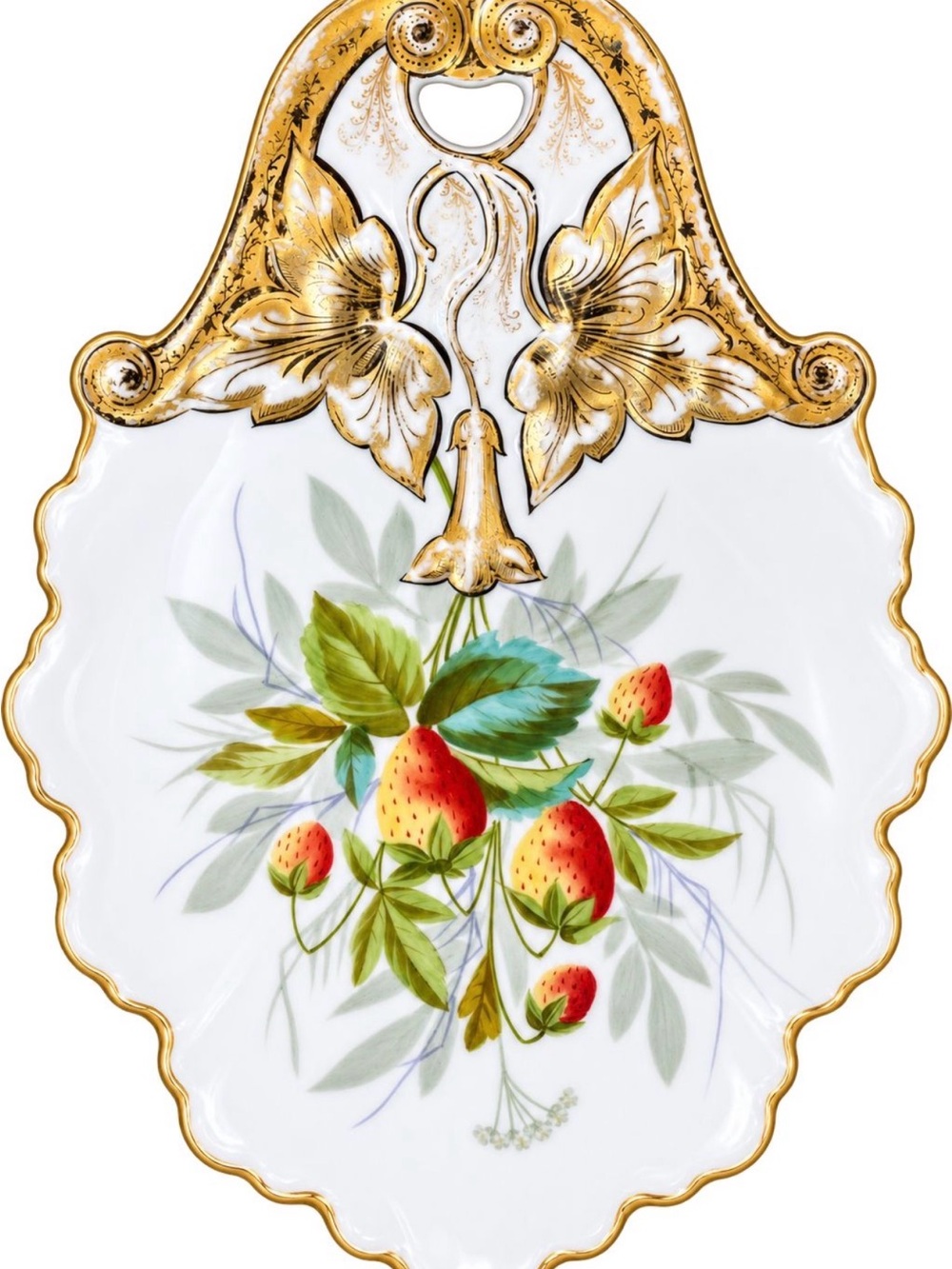 Decorative Strawberry Porcelain Serving Platter in White and Gold